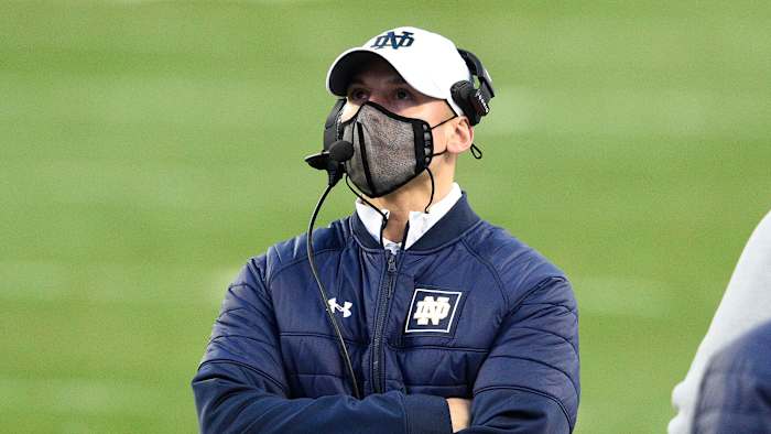 Notre Dame head coach Brian Kelly looks on during a loss to Clemson